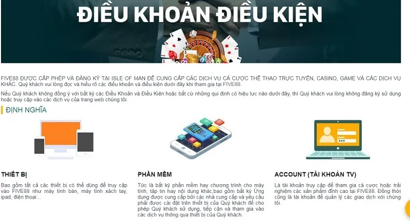 Điều khoản và Điều kiện siêu chỉn chu của nhà cá cược Five88